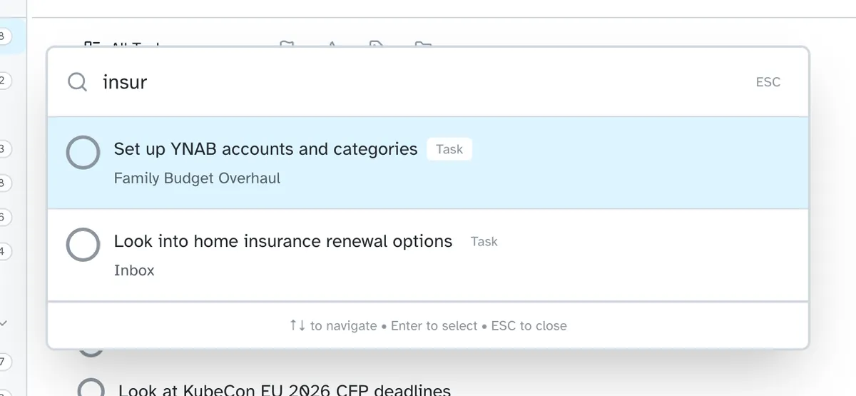 Search for 'insur' finding two tasks, one of them only because the word appears in its notes.