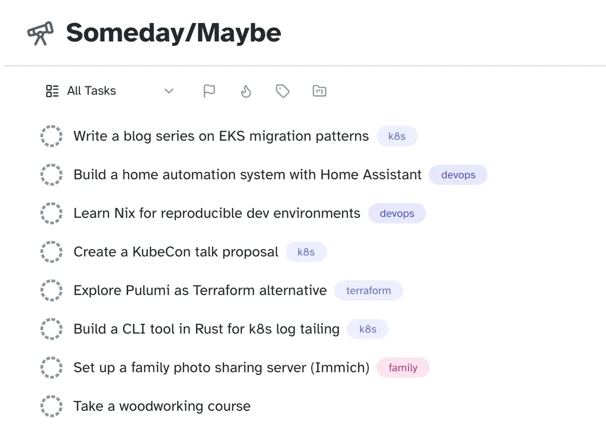 The Someday list with eight loose ideas, from a blog series to a woodworking course.